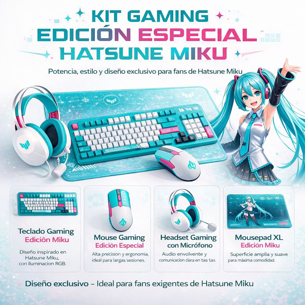 ASUS - Kit Gaming ASUS TUF Hatsune Miku Teclado Mecánico RGB, Mouse, Audífonos, Mousepad, Edición Especial