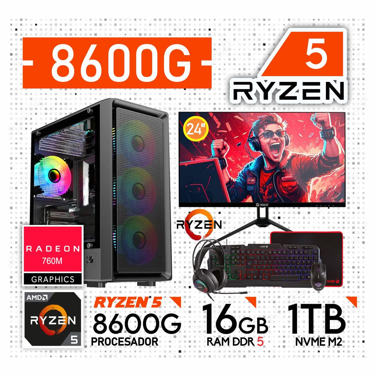 AMD - Computadora PC GAMER RYZEN 5 8600G RAM 16GB SSD 1TB MONITOR 24" FULL HD  + KIT