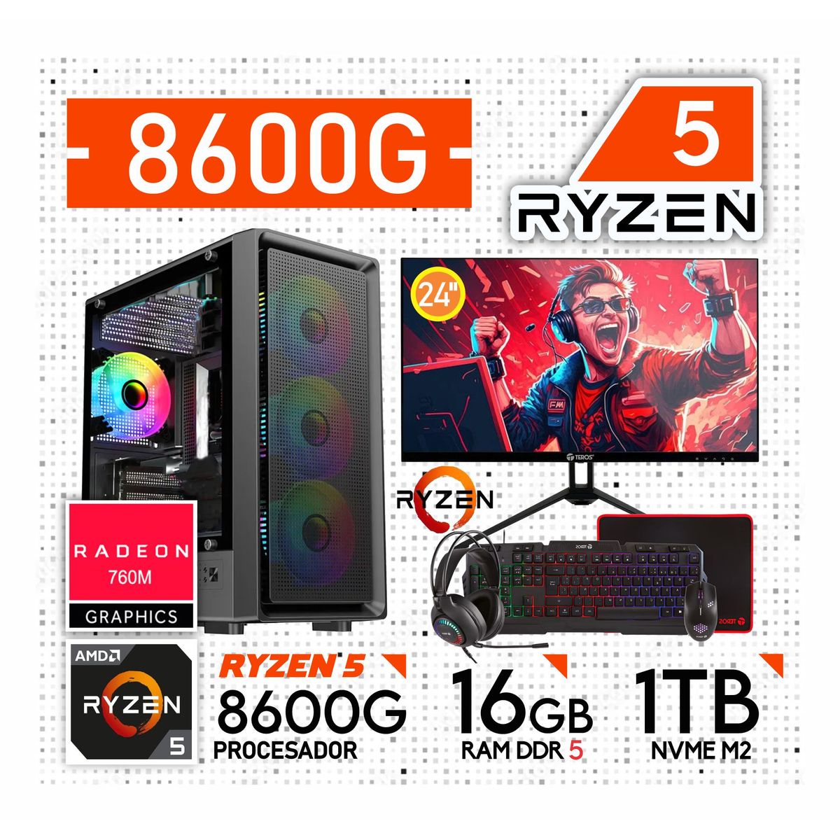 AMD - Computadora PC GAMER RYZEN 5 8600G RAM 16GB SSD 1TB MONITOR 24" FULL HD  + KIT