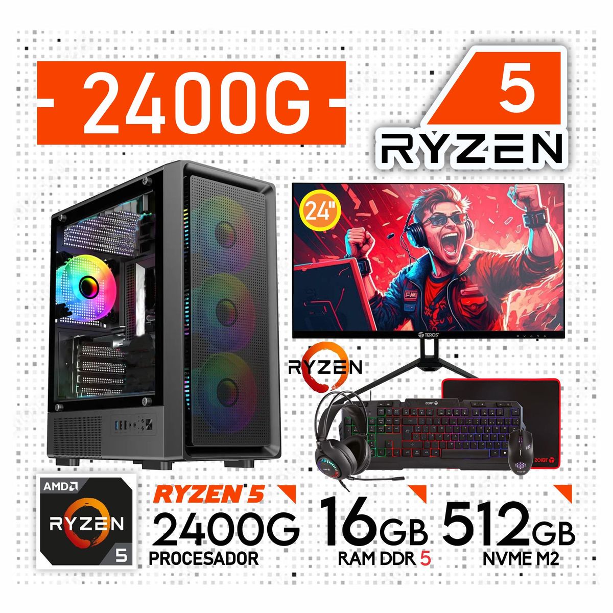 AMD - Computadora PC GAMER RYZEN 5 2400G RAM 16GB SSD 512GB Monitor 24" + KIT