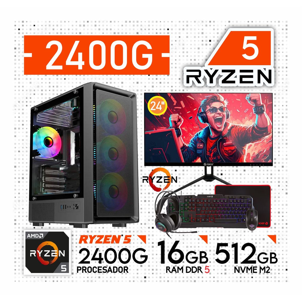 AMD - Computadora PC GAMER RYZEN 5 2400G RAM 16GB SSD 512GB Monitor 24" + KIT