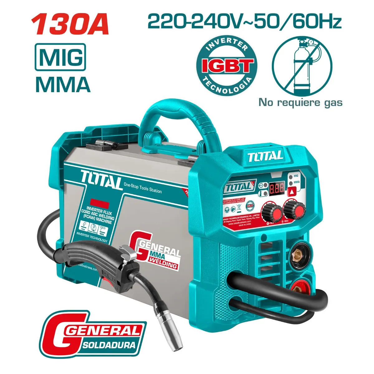 TOTAL TOOLS - Máquina Soldadora Inverter Total 130A Portátil  MIG Sin Gas y Electrodo-TFC13018