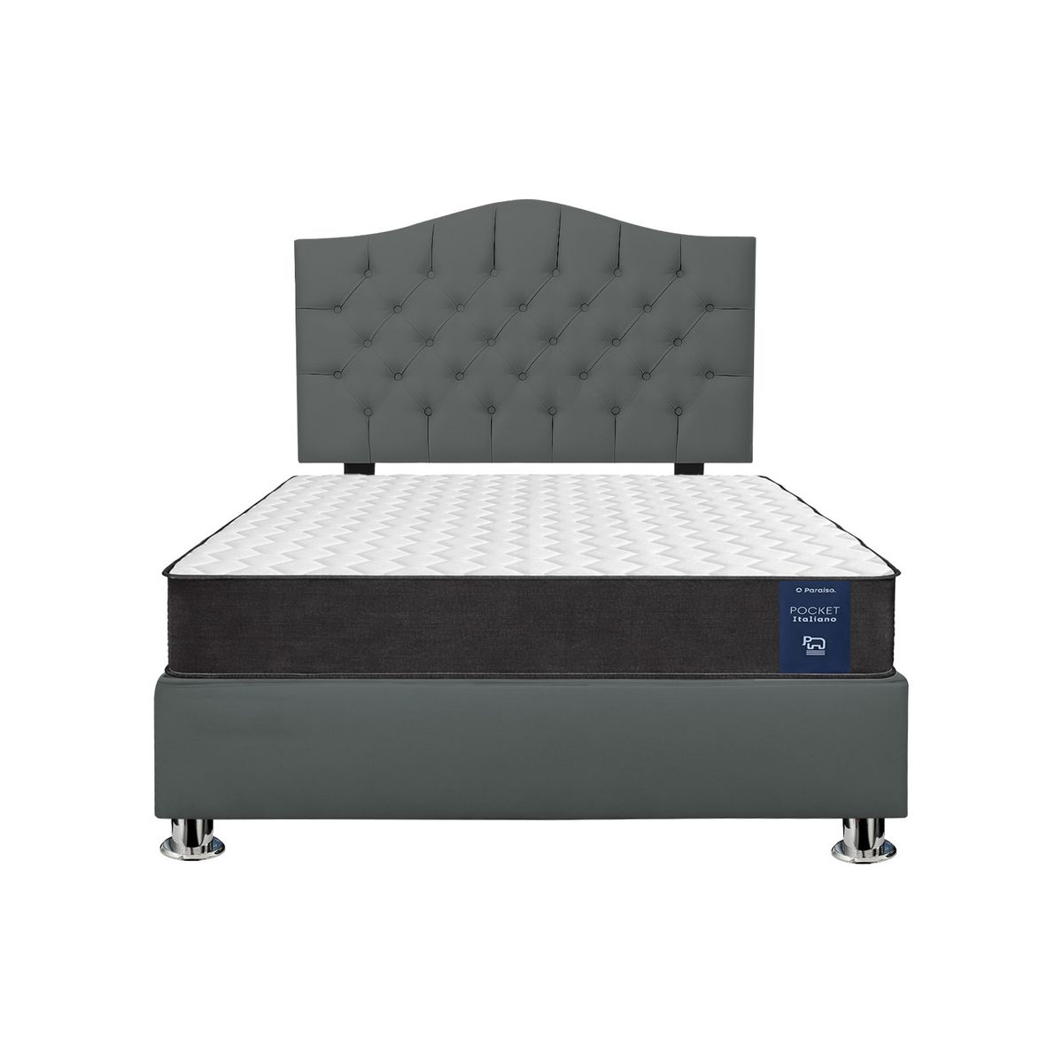 MUEBLES MACRUMO - Combo Cama tapizada Varsovia 15P+Colchon Pocket Italiano Paraíso+Almohada - Gris Oscuro