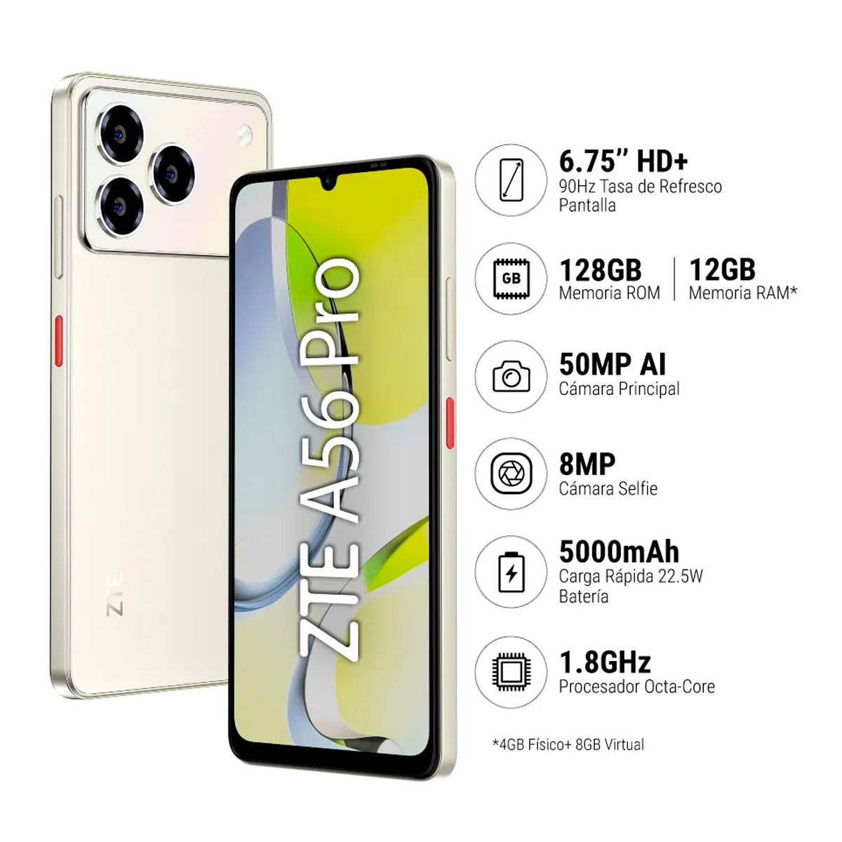 ZTE - Smartphone ZTE A56 Pro 4+8GB RAM 128GB Dorado