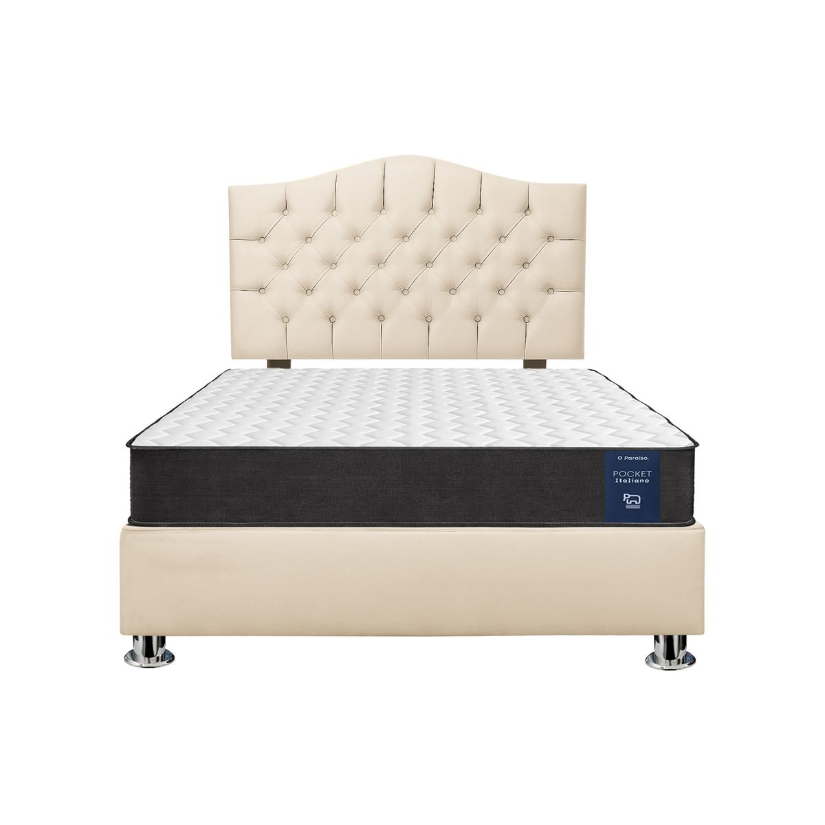 MUEBLES MACRUMO - Combo Cama tapizada Varsovia 2P+Colchon Pocket Italiano Paraíso+Almohada - Beige claro