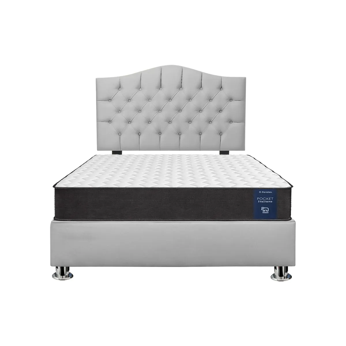 MUEBLES MACRUMO - Combo Cama tapizada Varsovia 2P+Colchon Pocket Italiano Paraíso+Almohada - Gris claro