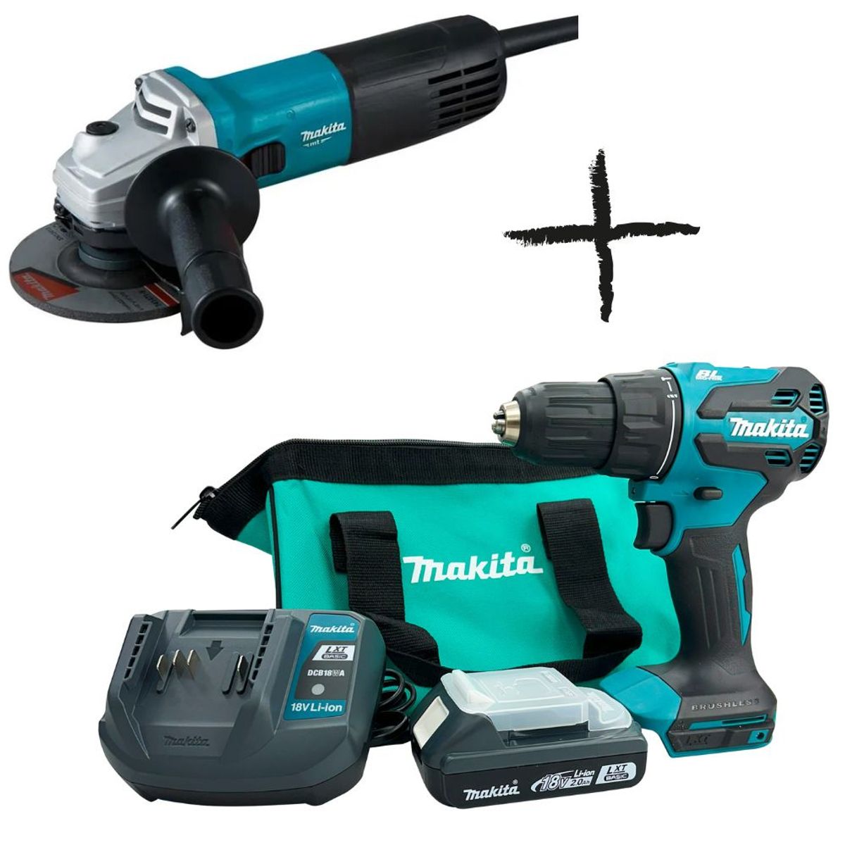 MAKITA - TALADRO PERCUTOR 18V BL-XPT + AMOLADORA 720WATTS MAKITA MT  DHP490-M9507