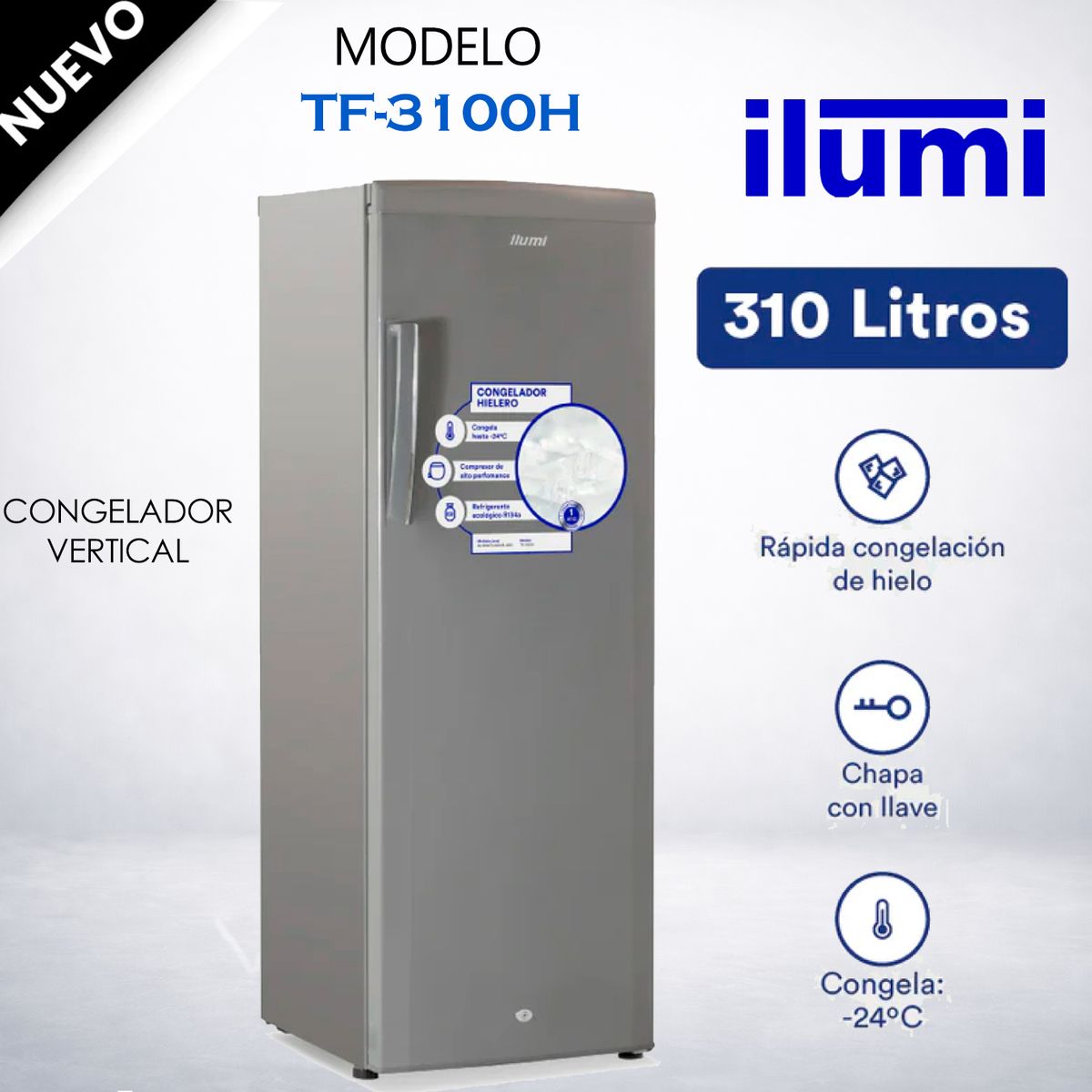 ILUMI - TF-3100H - Congelador Vertical 310Lts Gris Oscuro Ilumi