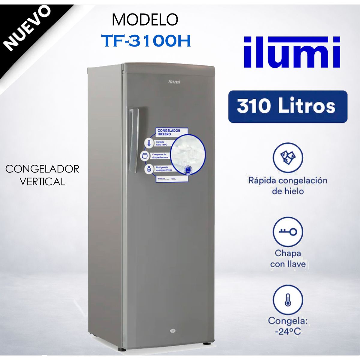 ILUMI - TF-3100H - Congelador Vertical 310Lts Gris Oscuro Ilumi
