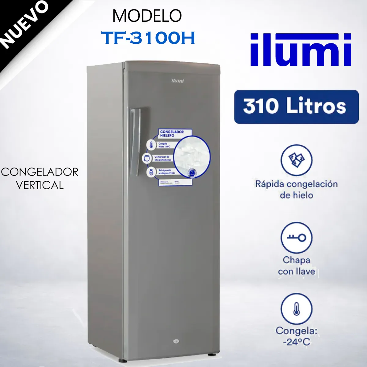 ILUMI - TF-3100H - Congelador Vertical 310Lts Gris Oscuro Ilumi