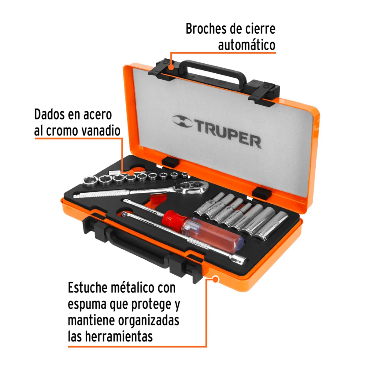 TRUPER - Juego De 20 Herramientas Cuadro 1/4' Std Para Mecánico 13980 Color Naranja