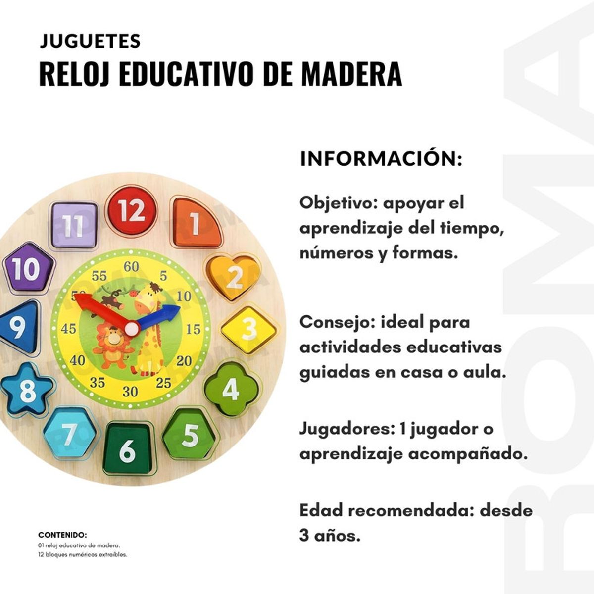 GENERICO - RELOJ EDUCATIVO DE MADERA - JUEGO DIDÁCTICO