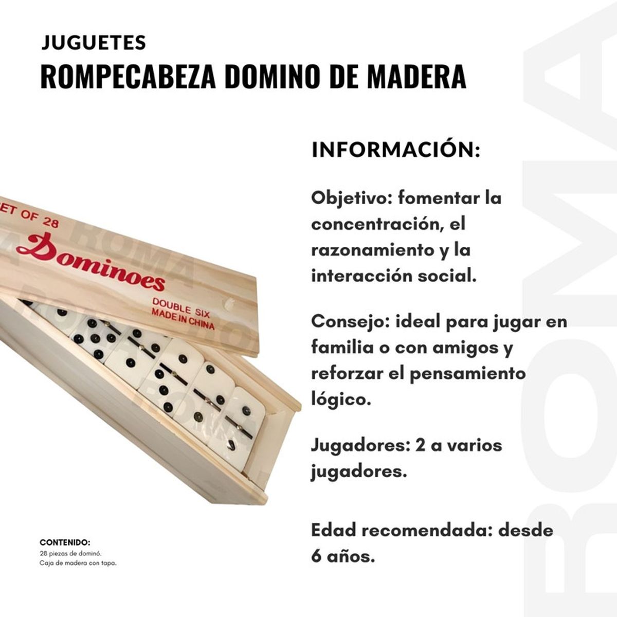 GENERICO - ROMPECABEZA DOMINO DE MADERA GRANDE - JUEGO DIDÁCTICO