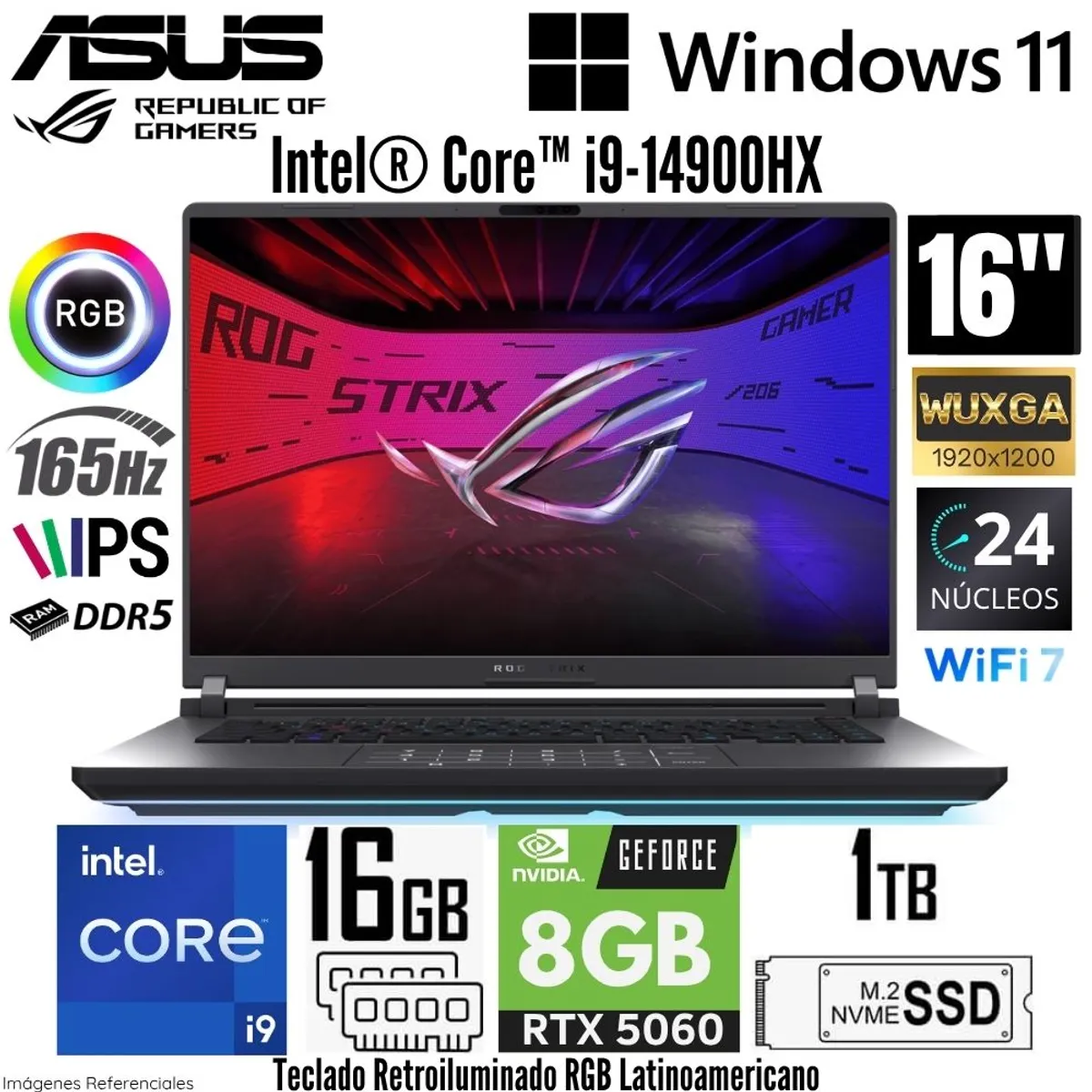 ASUS - Laptop Asus ROG Strix G16 G615JMR Intel Core i9-14900HX 16GB RAM 1TB SSD RTX 5060-8GB  16"  WUXGA