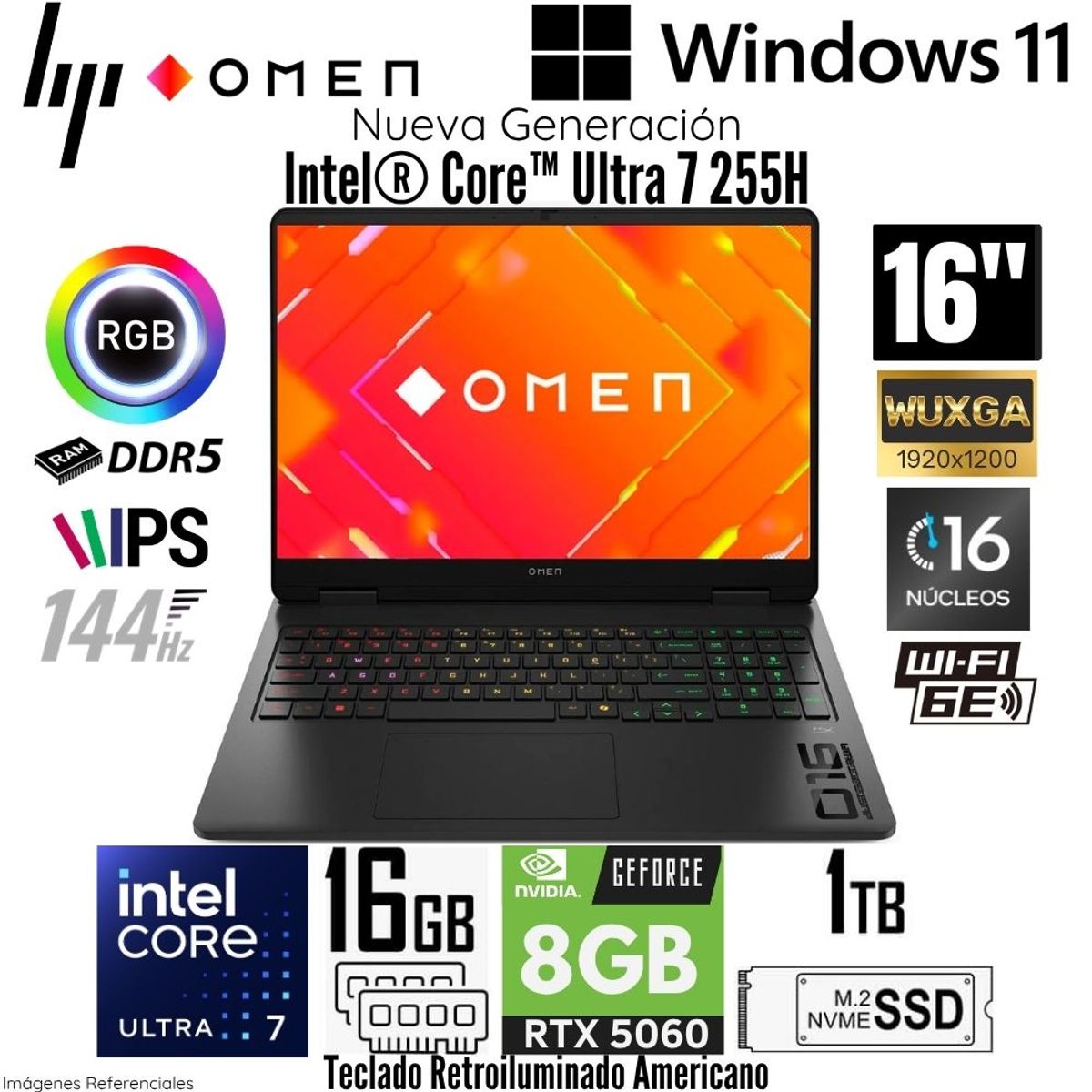 HP - Laptop HP OMEN 16-AM0073DX Intel Core Ultra 7 255H 16GB RAM 1TB SSD RTX 5060-8GB 16"  WUXGA 144 Hz