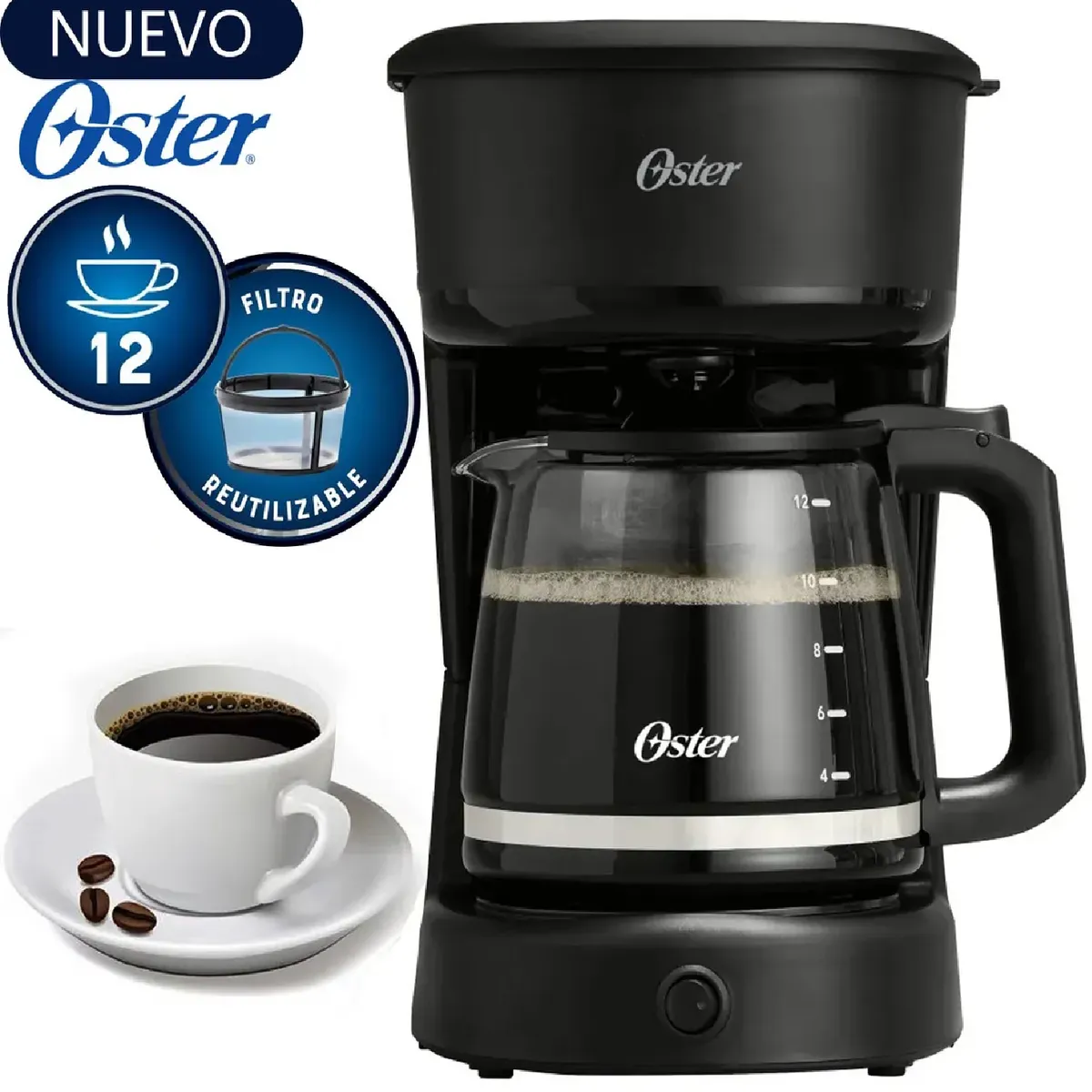 OSTER - Cafetera Oster BVSTDCS121B de 12 Tazas con Filtro Reutilizable – Negro