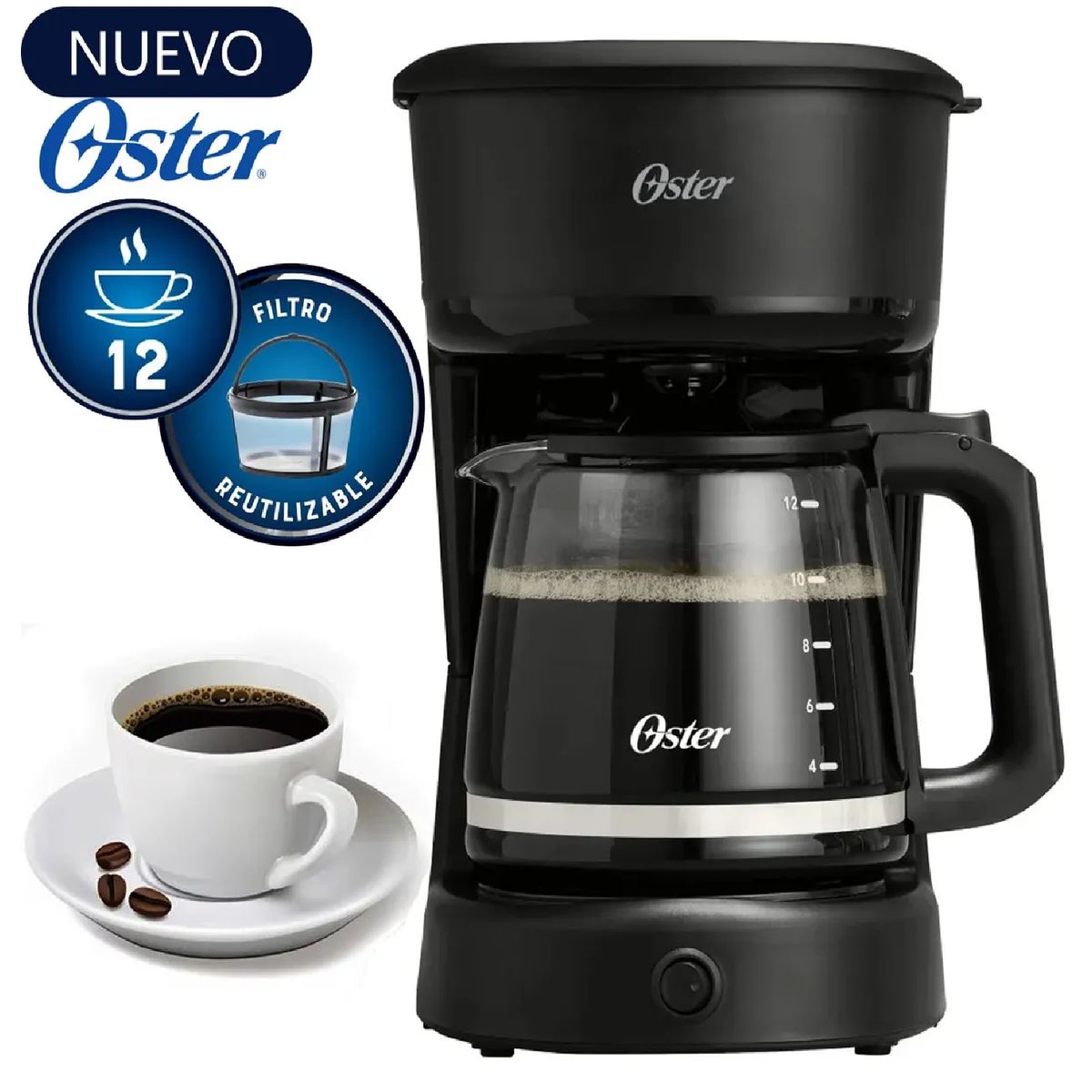 OSTER - Cafetera Oster BVSTDCS121B de 12 Tazas con Filtro Reutilizable – Negro