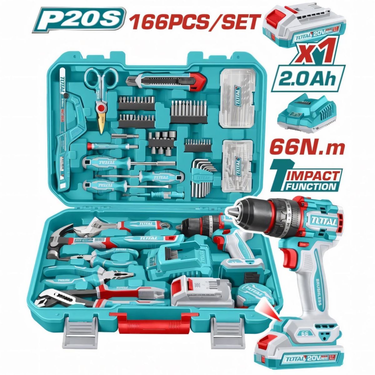 TOTAL TOOLS - Taladro Percutor Con Juego De Herramientas 166pcs Total - THKTHP41667