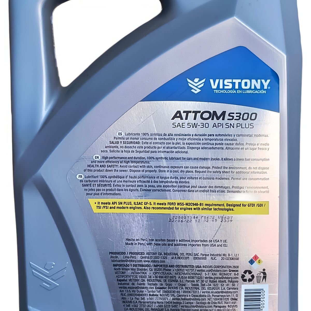 VISTONY - Aceite de Motor ATTOM S300 Full Sintetico 5W-30 4LT