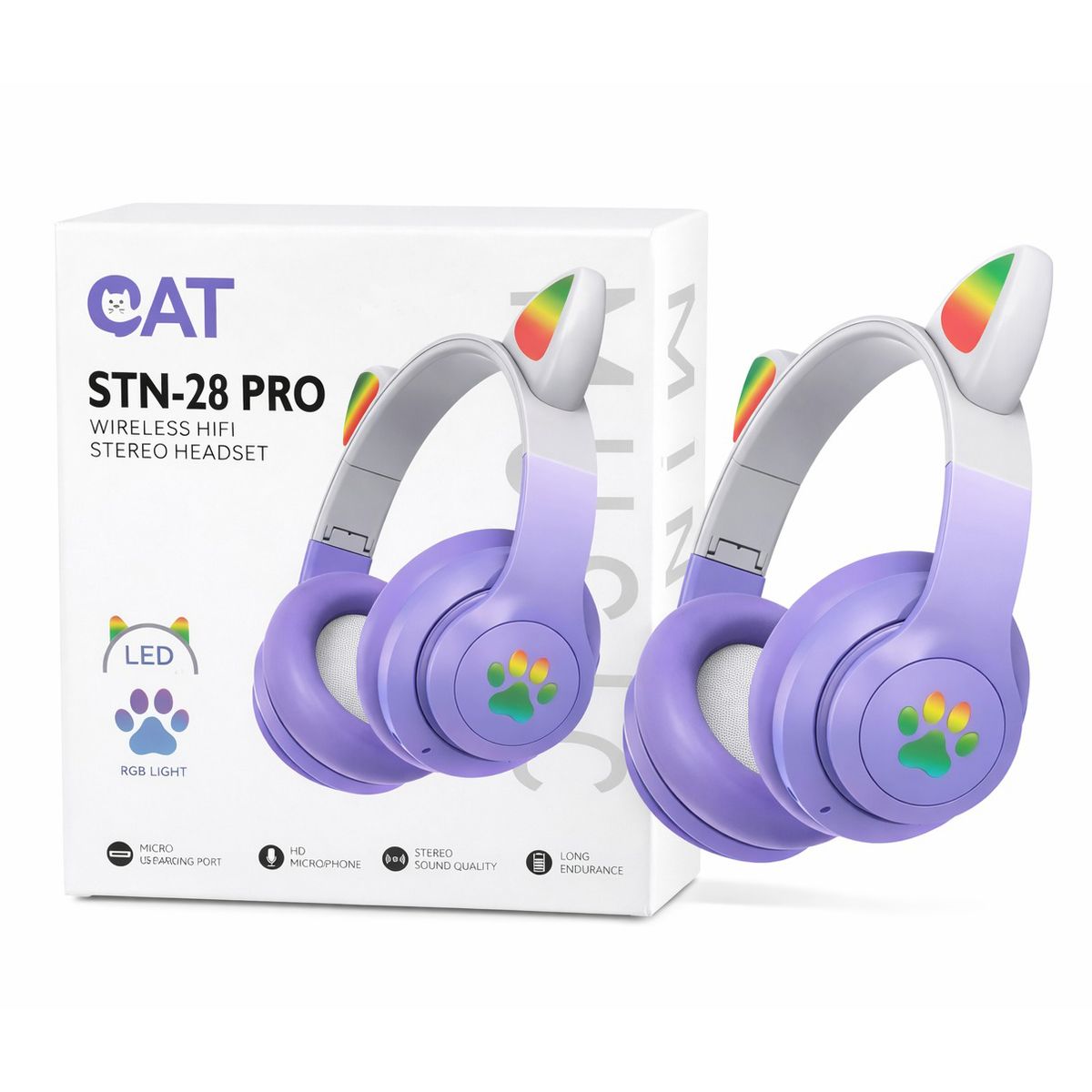 OEM - Audífonos Bluetooth Orejas De Gato Lila