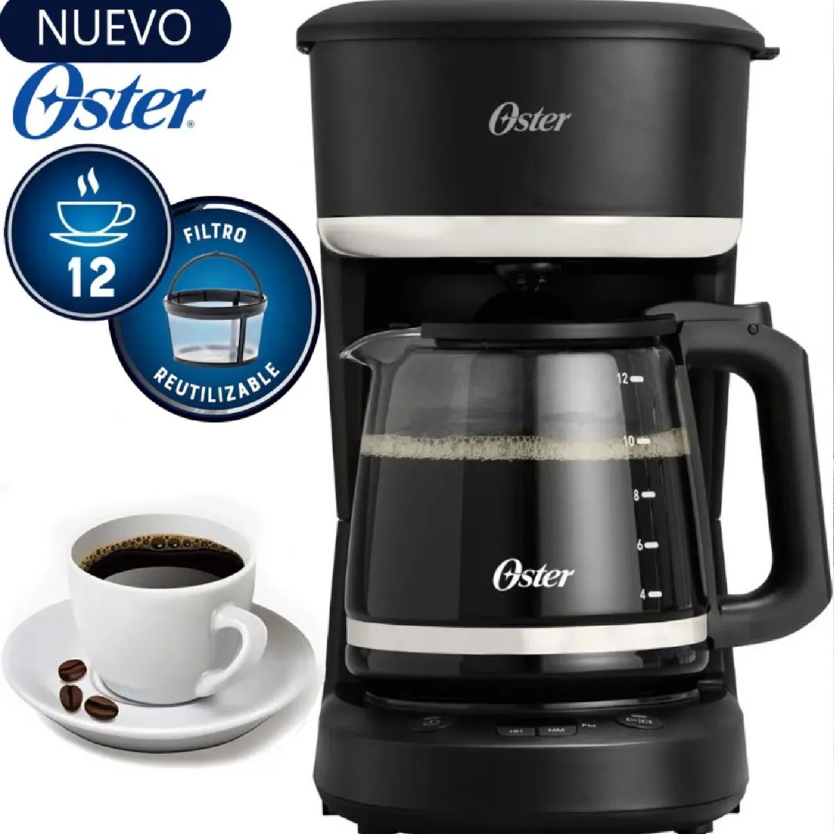 OSTER - Cafetera Oster BVSTDCP121B de 12 Tazas Programable con Filtro – Negro