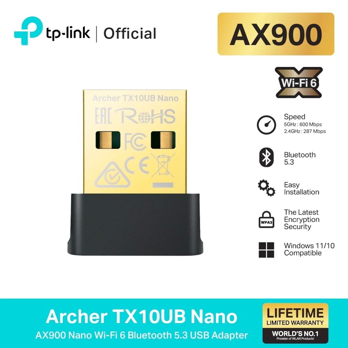 TP LINK - ADAPTADOR USB WIFI 6 CON  RECEPTOR BLUETOOTH TP-LINK ARCHER TX10UB NANO -AX900