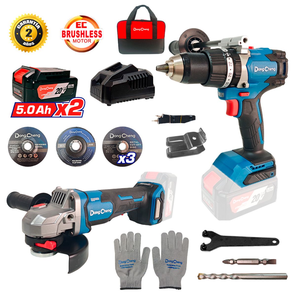 DONGCHENG - Combo Dongcheng Brushless DCKIT57.02FK Taladro Percutor 12 120Nm + Amoladora 5 Hombre Muerto