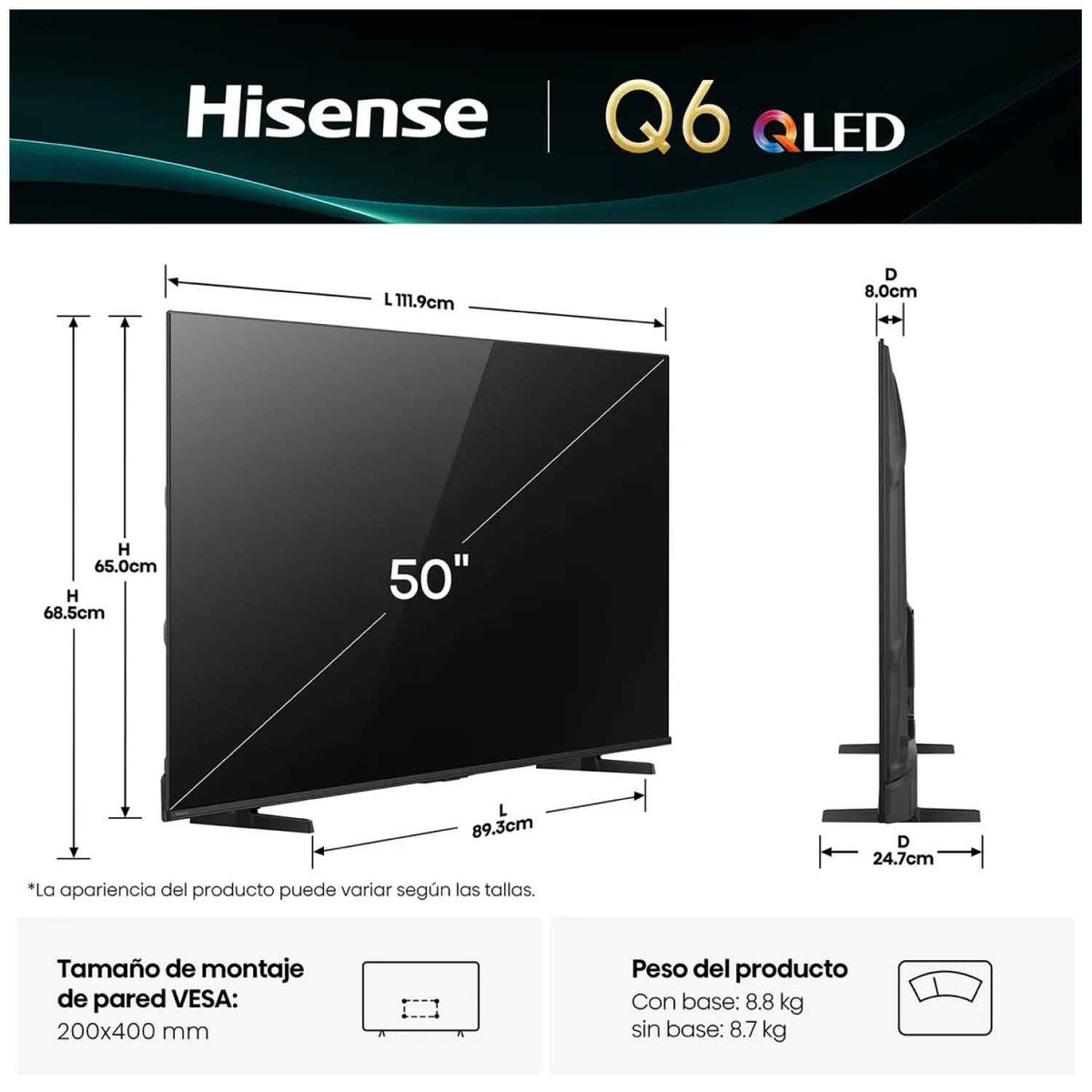 HISENSE - TELEVISOR HISENSE QLED 50" 4K UHD SMART TV 50Q6QV VIDDA 2025