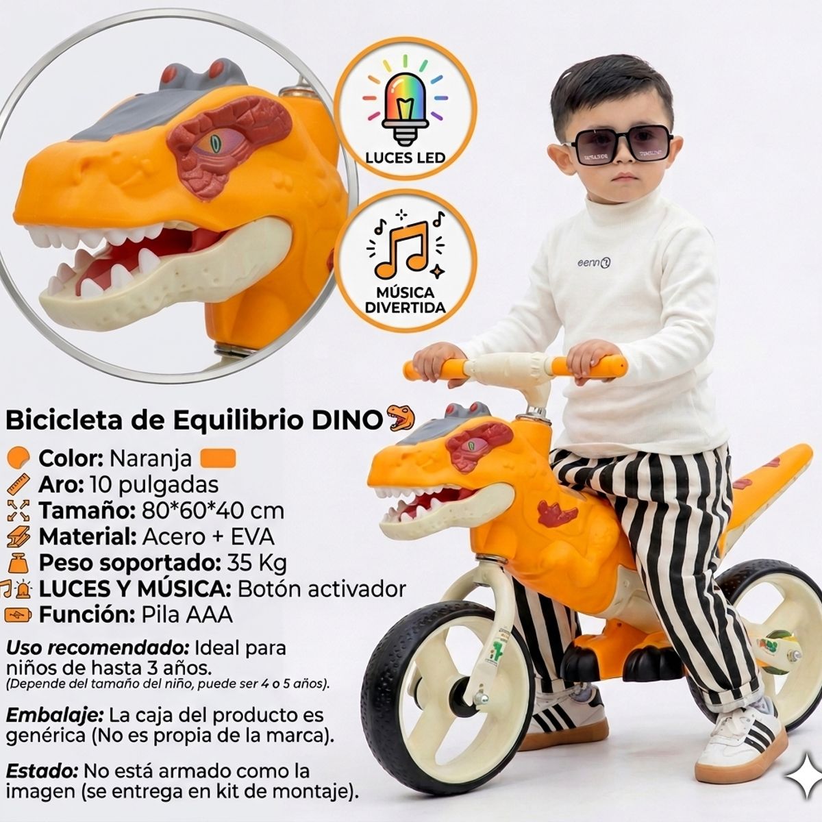 Bicicleta sin pedales infantil diseño dinosaurio naranja, marca GENERICO - Foto Principal