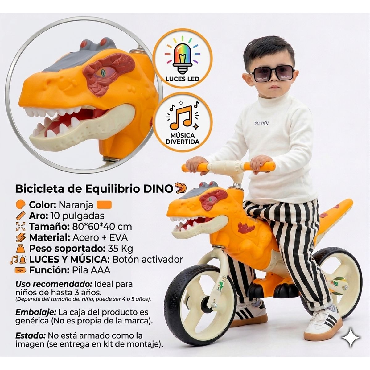 Bicicleta sin pedales infantil diseño dinosaurio naranja, marca GENERICO - Foto Principal