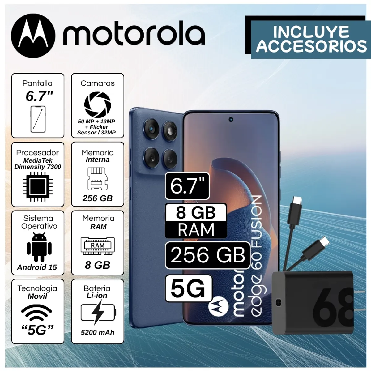 MOTOROLA - Celular Motorola Edge 60 Fusión 6.7"  Pulg. 8GB RAM 256GB Android 15 - Azul