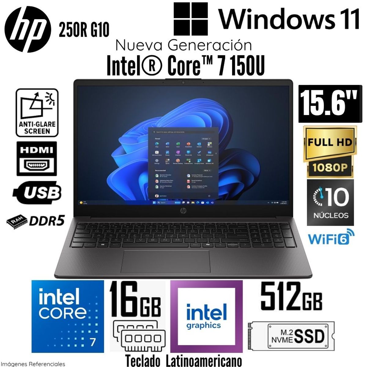 HP - Latpop HP 250R G10 Intel Core 7 150U 16GB RAM 512GB 15.6"  FHD - D2DX8AT