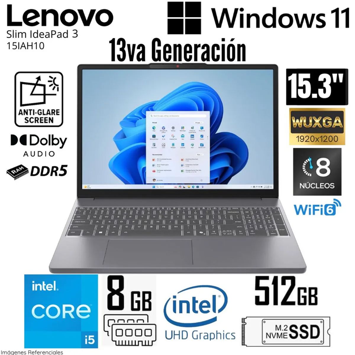 LENOVO - Laptop Lenovo IdeaPad Slim 3 15IRH10 Intel Core i5-13420H RAM 8GB SSD 512GB 15.3" WUXGA 83K100KELM
