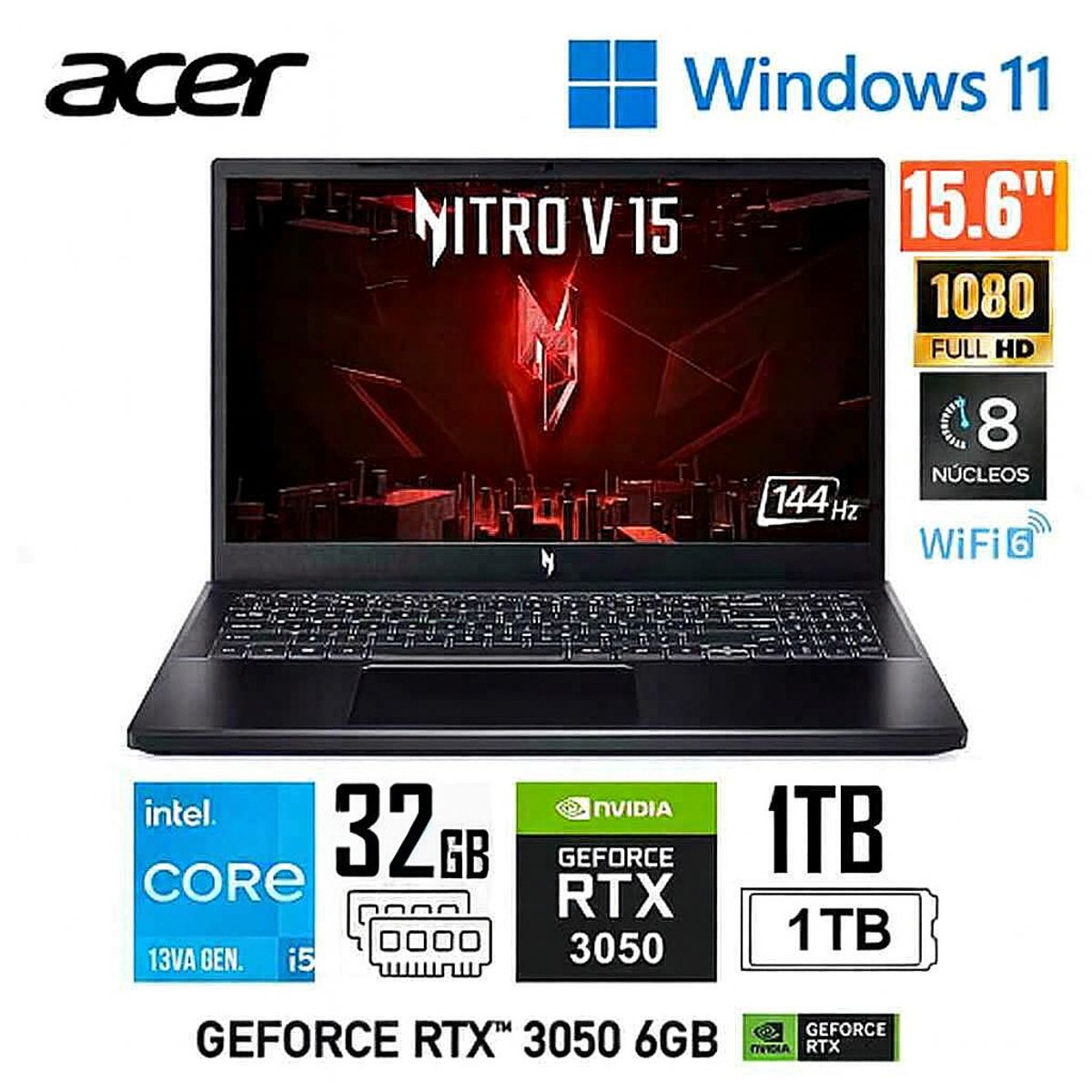 ACER - LAPTOP GAMER ACER NITRO V15 I5 13VA 32GB 1TB SSD RTX 3050 6GB 144HZ IPS FHD