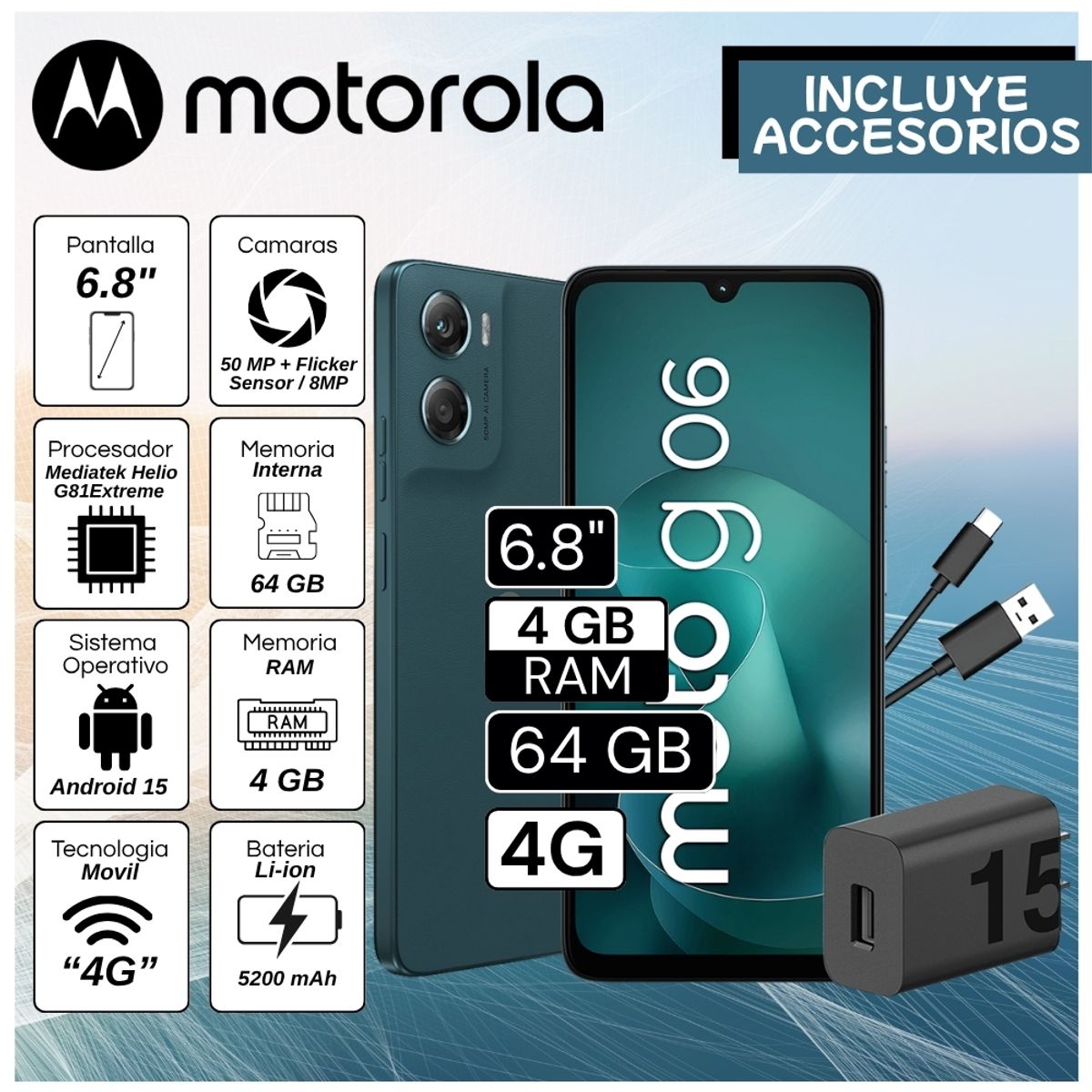 MOTOROLA - Celular Motorola G06 6.8"  Pulg. 4GB RAM 64GB Android 15 - Azul