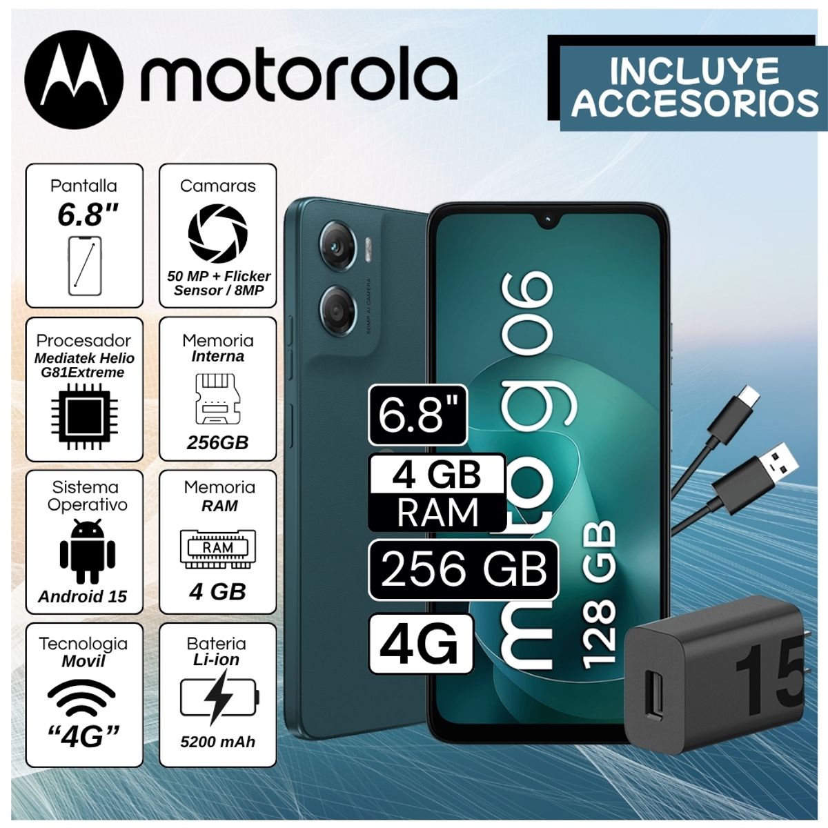 MOTOROLA - Celular Motorola G06 6.8"  Pulg. 4GB RAM 256GB Android 15 - Azul