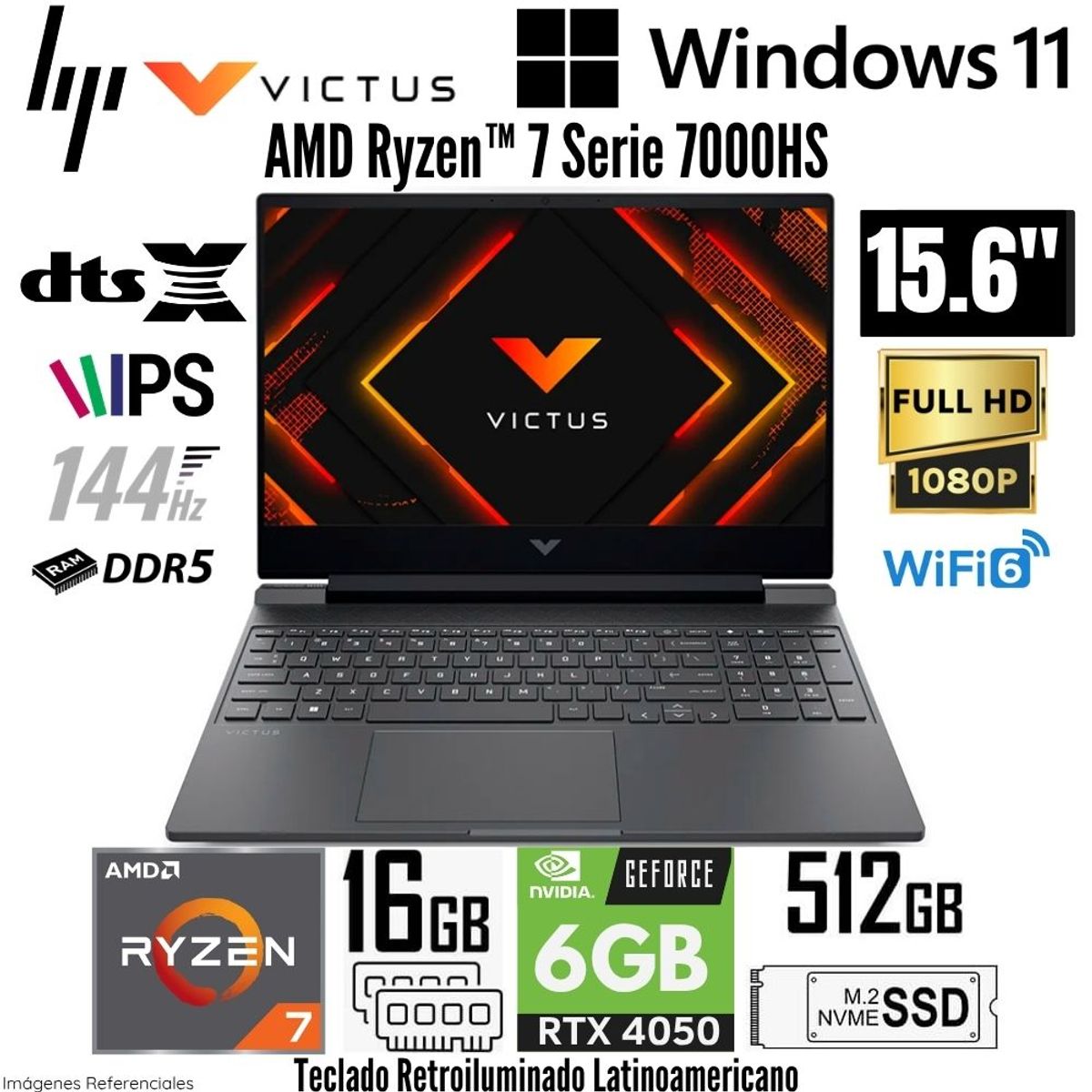 HP - Laptop HP Victus Gaming AMD Ryzen 7 7445HS 16GB RAM 512GB SSD RTX 4050-6GB 15.6"  FHD 144Hz