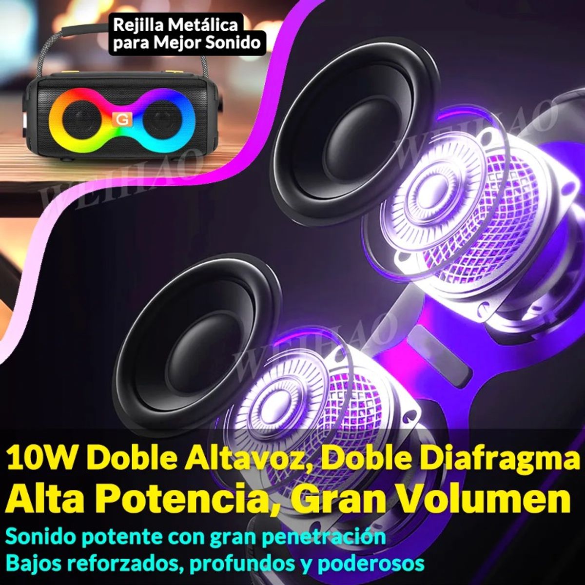 GIOIO - Bocina Bluetooth Portátil Inalámbrica Subwoofer Luces Rgb