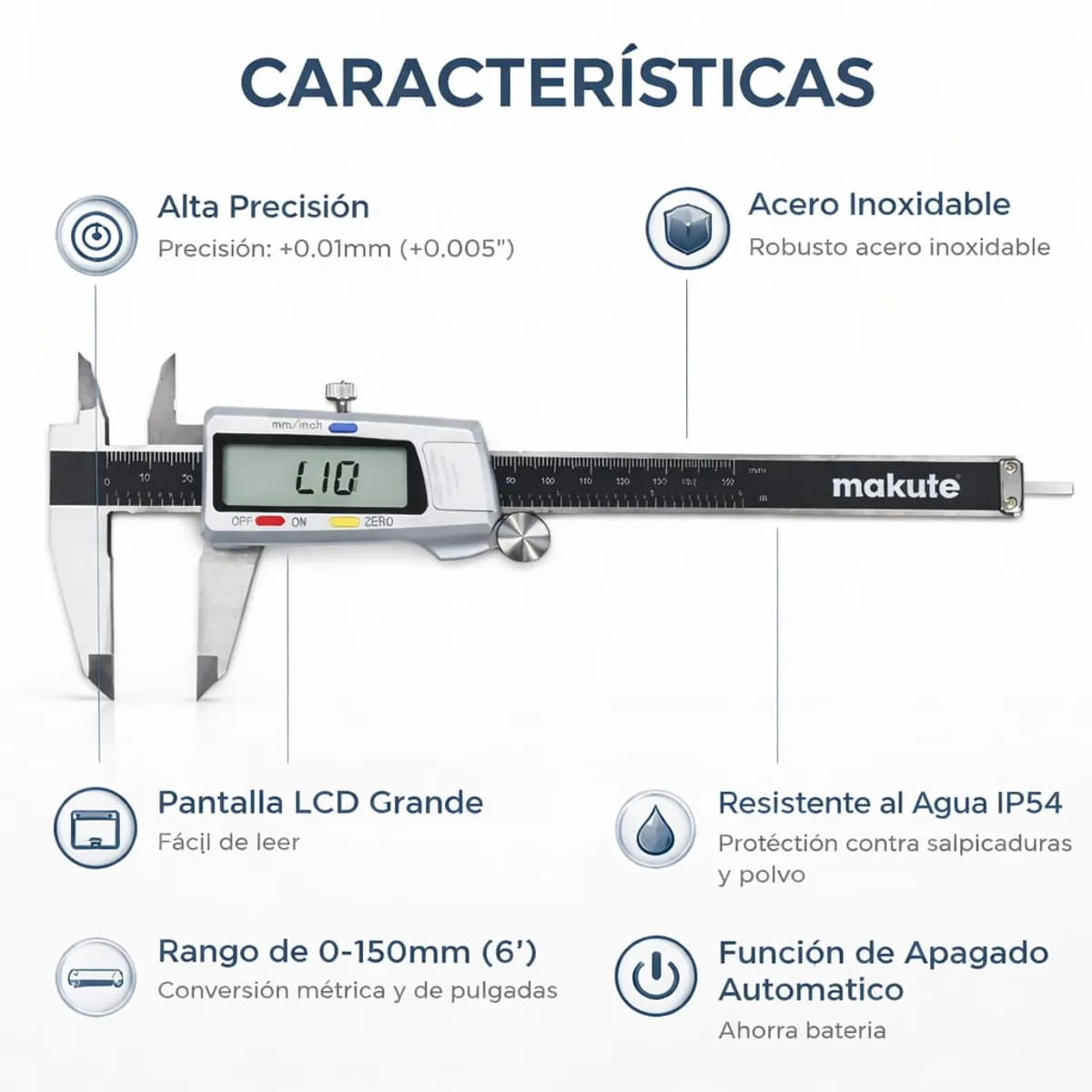 MAKUTE - Calibrador Vernier Digital  Makute 150mm Acero INOX Alta Precisión LCD