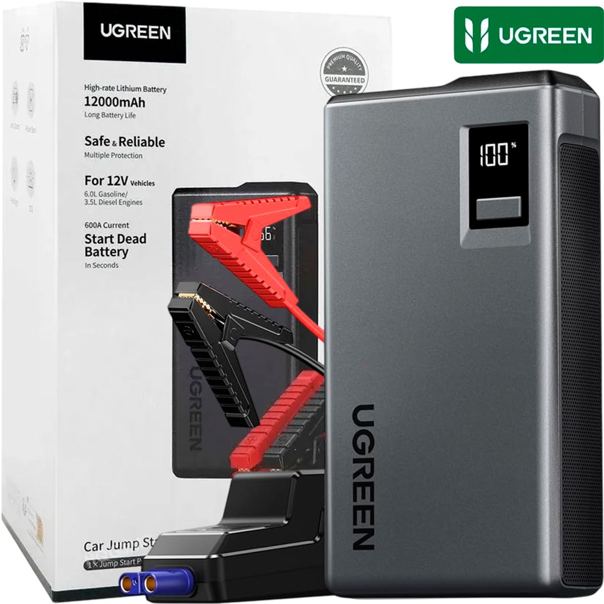 UGREEN - Arrancador de Batería UGREEN 1000A UltraSafe 12000mAh – Jump Starter Portátil 3 en 1