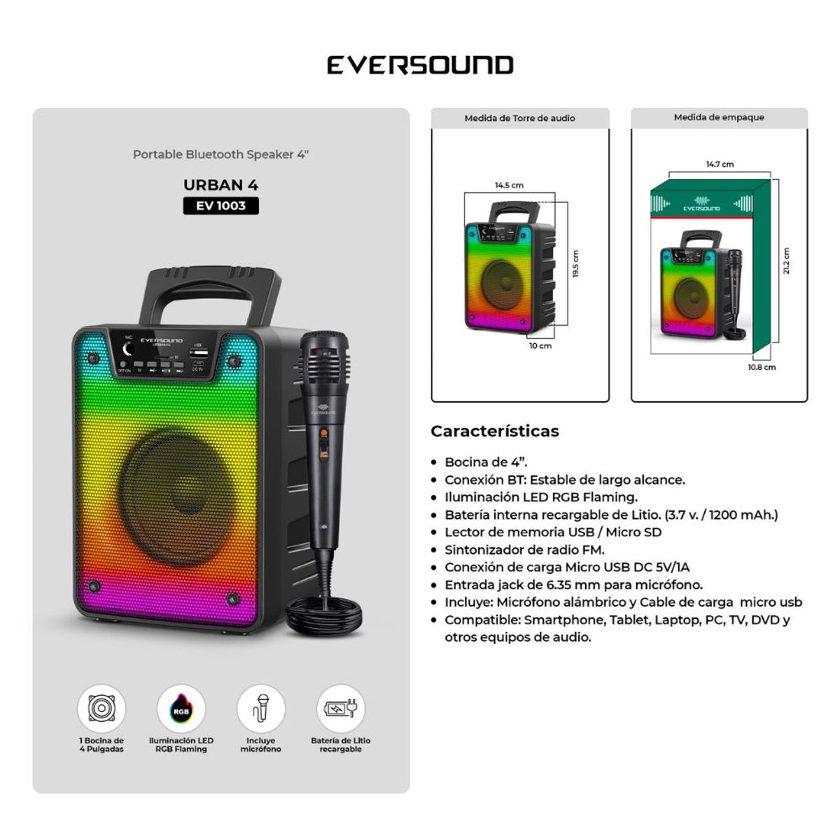 EVERSOUND - Parlante Bluetooth Eversound Urban 4 RGB Micrófono Fm