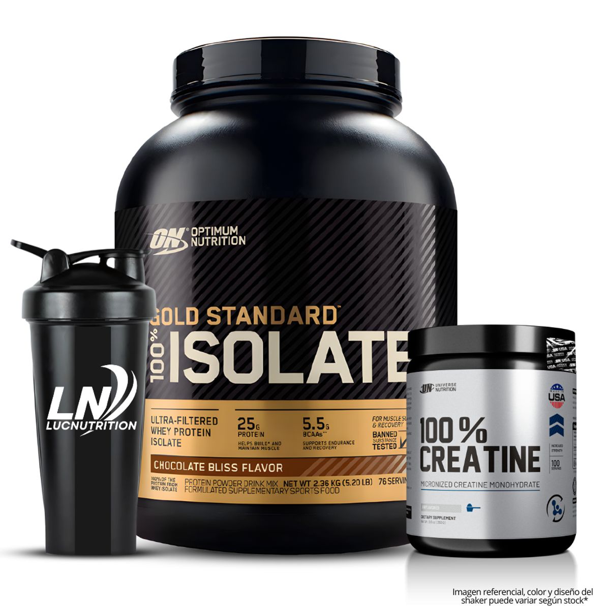 OPTIMUM NUTRITION - Gold Standard Isolate 5 LB - Chocolate Bliss + Creatina Universe Nutrition 250 G + Shaker