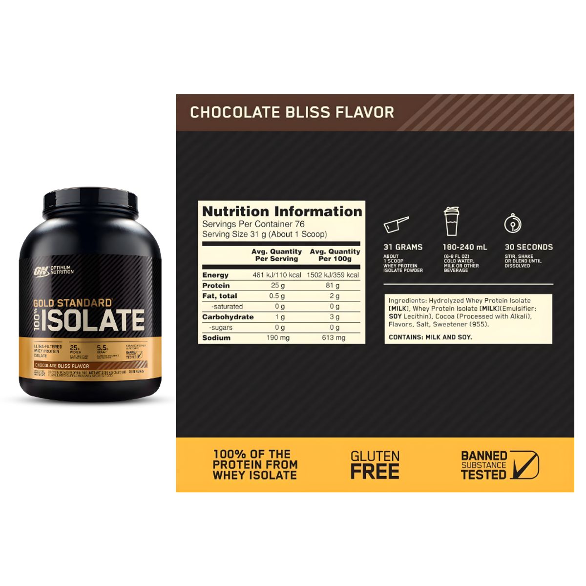 OPTIMUM NUTRITION - Gold Standard Isolate 5 LB - Chocolate Bliss + Creatina Universe Nutrition 250 G + Shaker
