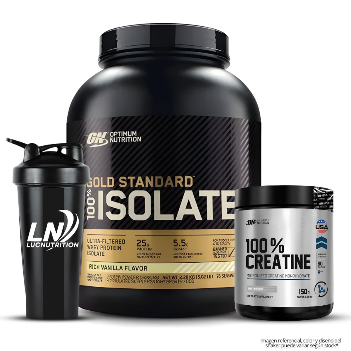 OPTIMUM NUTRITION - Gold Standard Isolate 5 LB - Rich Vainilla + Creatina Universe Nutrition 150 G + Shaker