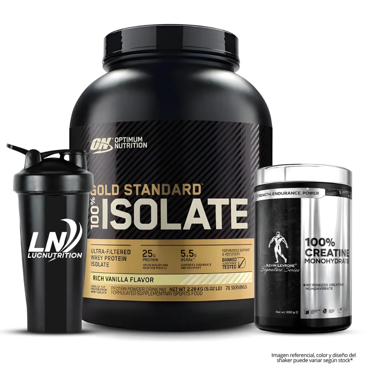 OPTIMUN NUTRITION - Gold Standard Isolate 5 LB - Rich Vainilla + Creatina Kevin Levrone 500 G + Shaker
