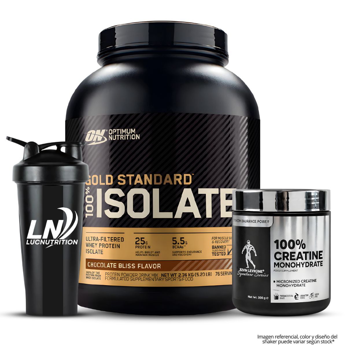 OPTIMUN NUTRITION - Gold Standard Isolate 5 LB - Chocolate Bliss + Creatina Kevin Levrone 300 G + Shaker