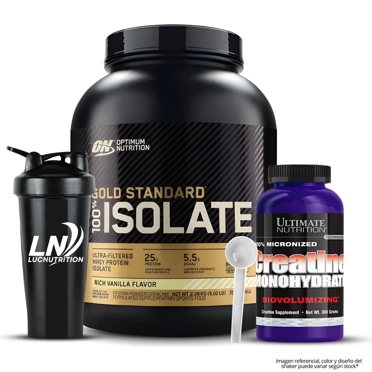 OPTIMUN NUTRITION - Gold Standard Isolate 5 LB - Rich Vainilla + Creatina Ultimate Nutrition 300 G + Shaker