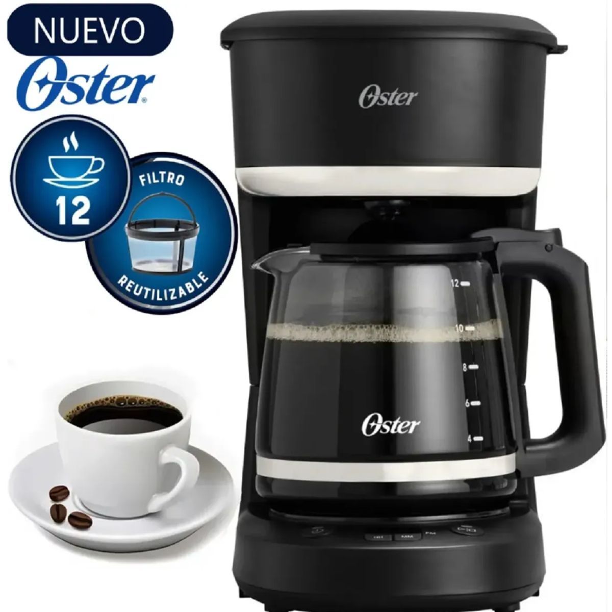 OSTER - Cafetera Oster BVSTDCP121B de 12 Tazas Programable con Filtro – Negro