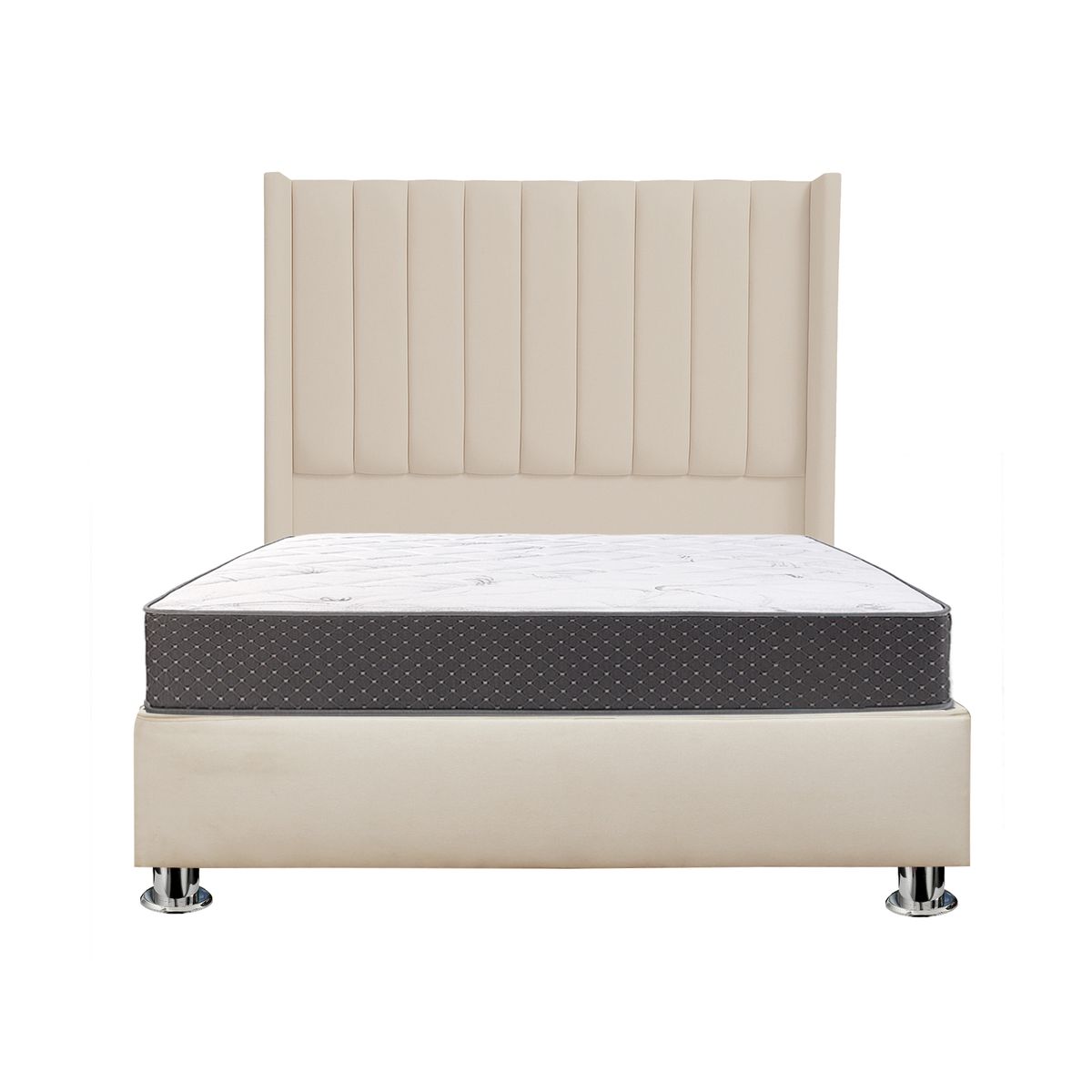 MUEBLES MACRUMO - Combo Cama tapizada Barcelona-Queen Beige claro+Colchón Semiortopédico