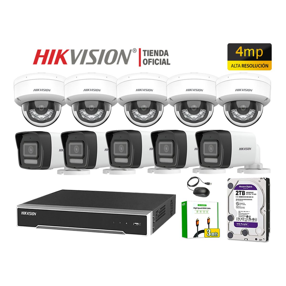 HIKVISION - Kit 10 Cámara Seguridad IP POE Hikvision 4MP Detección Persona Audio Incorporado Disco 2TB